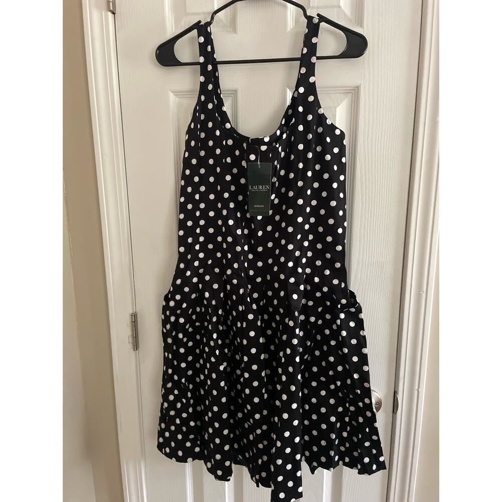 Ralph Lauren sleeveless black/white polka dot fitted waist dress, size 14, A07